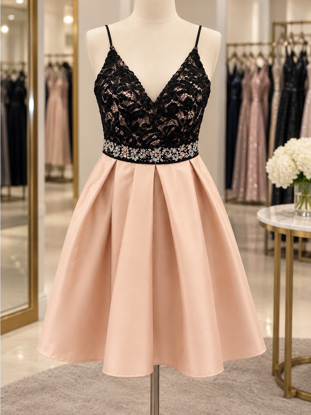 I.N. San Francisco Black Lace & Blush Pink Mini Dress with Jeweled Waist